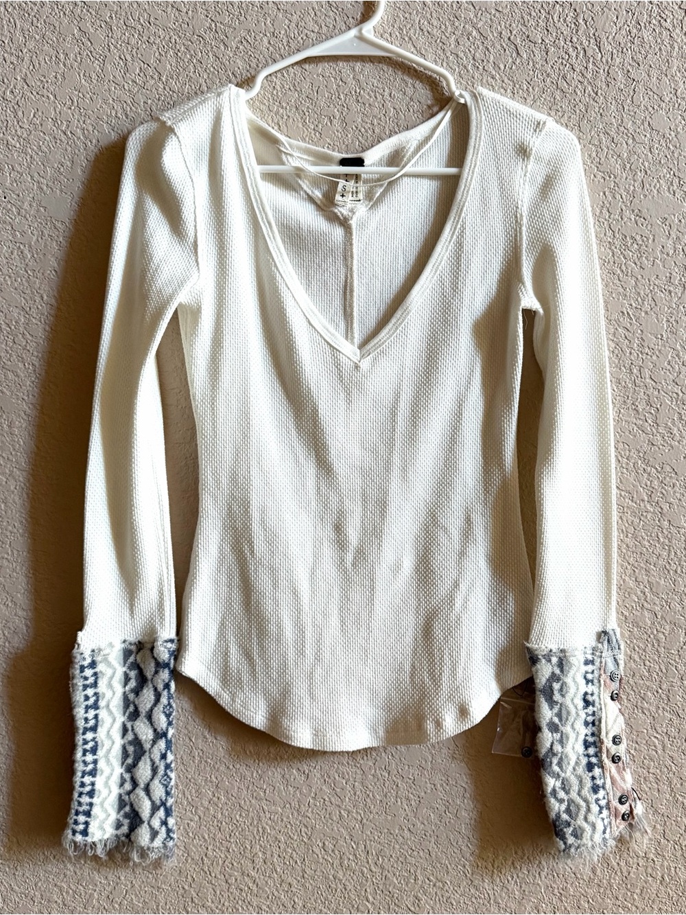 We the Free Size Small Art School Thermal V Neck Waffle Knit Detailed Cuff Ivory
